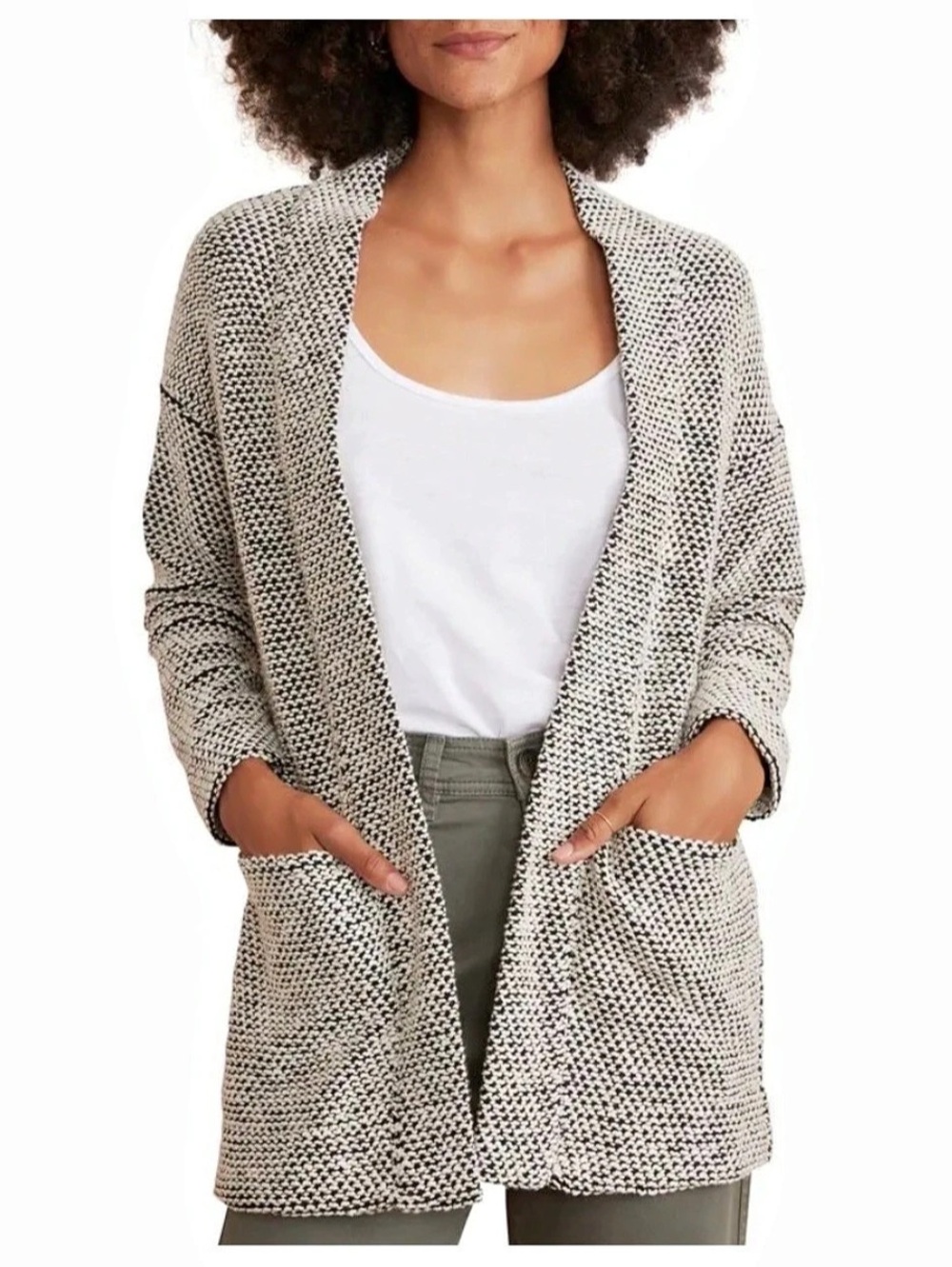 Marine Layer Birdseye Open Front Cardigan in Cream & Black Size Small